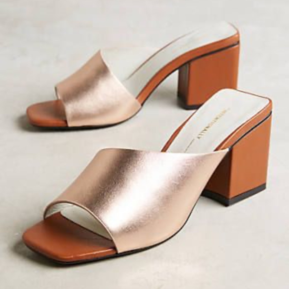 Intentionally Blank Metallic Slide Heels in Rose Gold